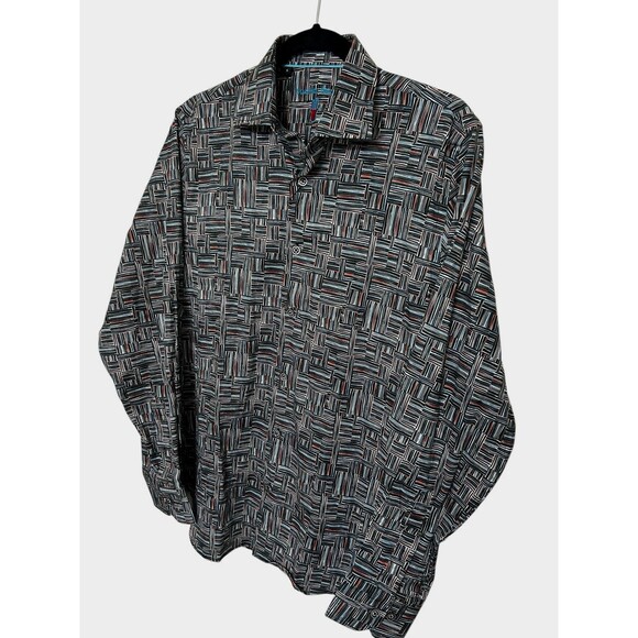 Visconte Black Mens Geo Multi Stretch Cotton Button Up Long Sleeves Shirts Sz S - Picture 2 of 7